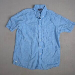 CREMIEUX Classics Mens Light Blue Linen Button Down Short Sleeve Shirt Size L
